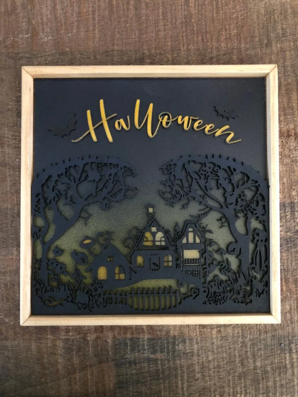 Halloween Hanging Wall Art: Spooky Haunted House with Flying Bats, Handmade